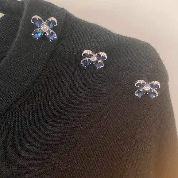 Tory Burch Black Sweater w/Blue Crystal Flowers on Shoulder; Size Large - Picture 2 of 12